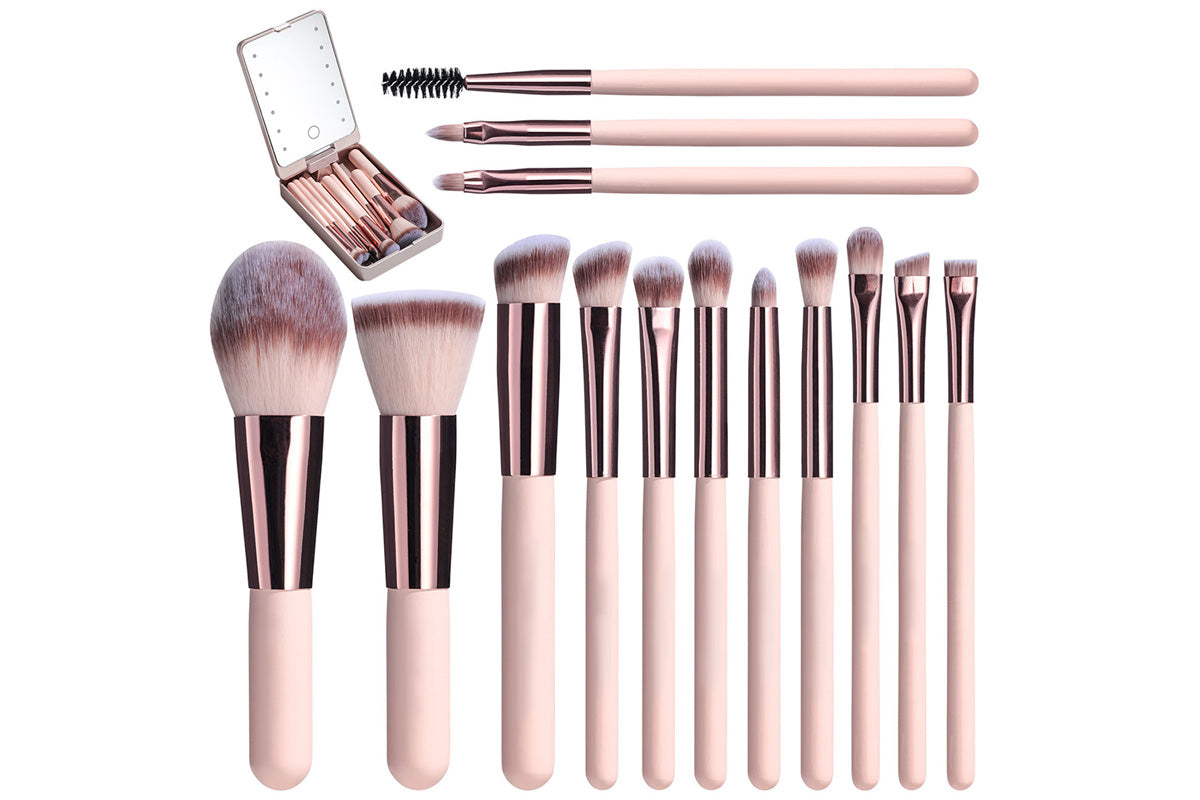 LED Light Makeup Mirror with Brush Set and Travel Case Portable Rechargeable Mirror Box-Pink