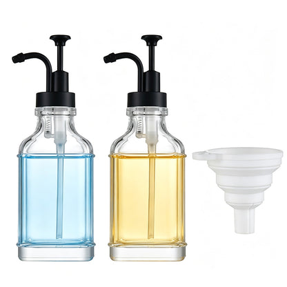 2 Pack 500ml Square Glass Syrup Soap Dispenser Bottles with Funnel - Black
