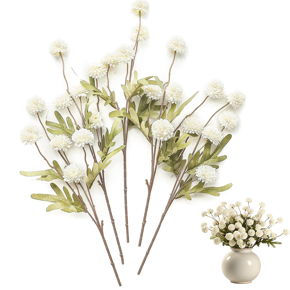 5 Pack Stem Cloth Dandelion Ball Artificial Flowers with Bendable Stems - White