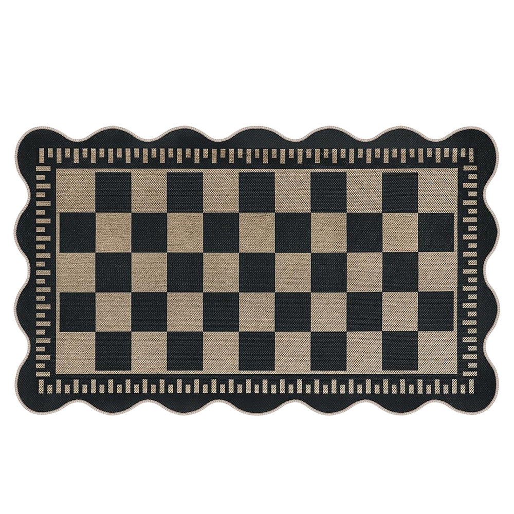 Polyester Floor Mat with Scalloped Edge Checkered Doormat for Entryway 60x160cm