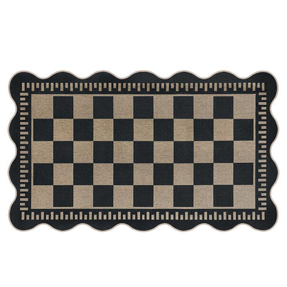 Polyester Floor Mat with Scalloped Edge Checkered Doormat for Entryway 60x160cm