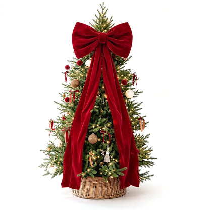 Oversized Velvet Christmas Tree Bow with Long Streamers - Wine Red