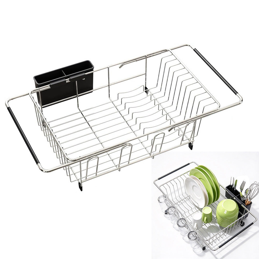 Expandable Stainless Steel Over Sink Dish Drying Rack with Utensil Holder - Silver