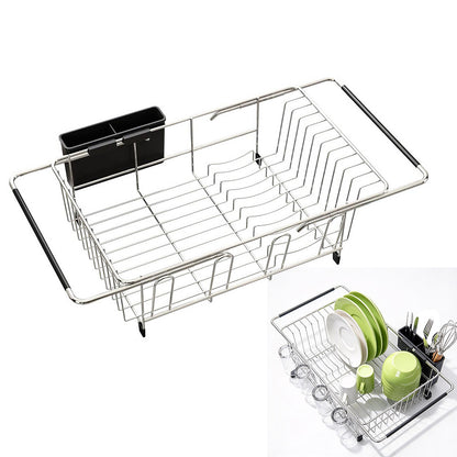 Expandable Stainless Steel Over Sink Dish Drying Rack with Utensil Holder - Silver