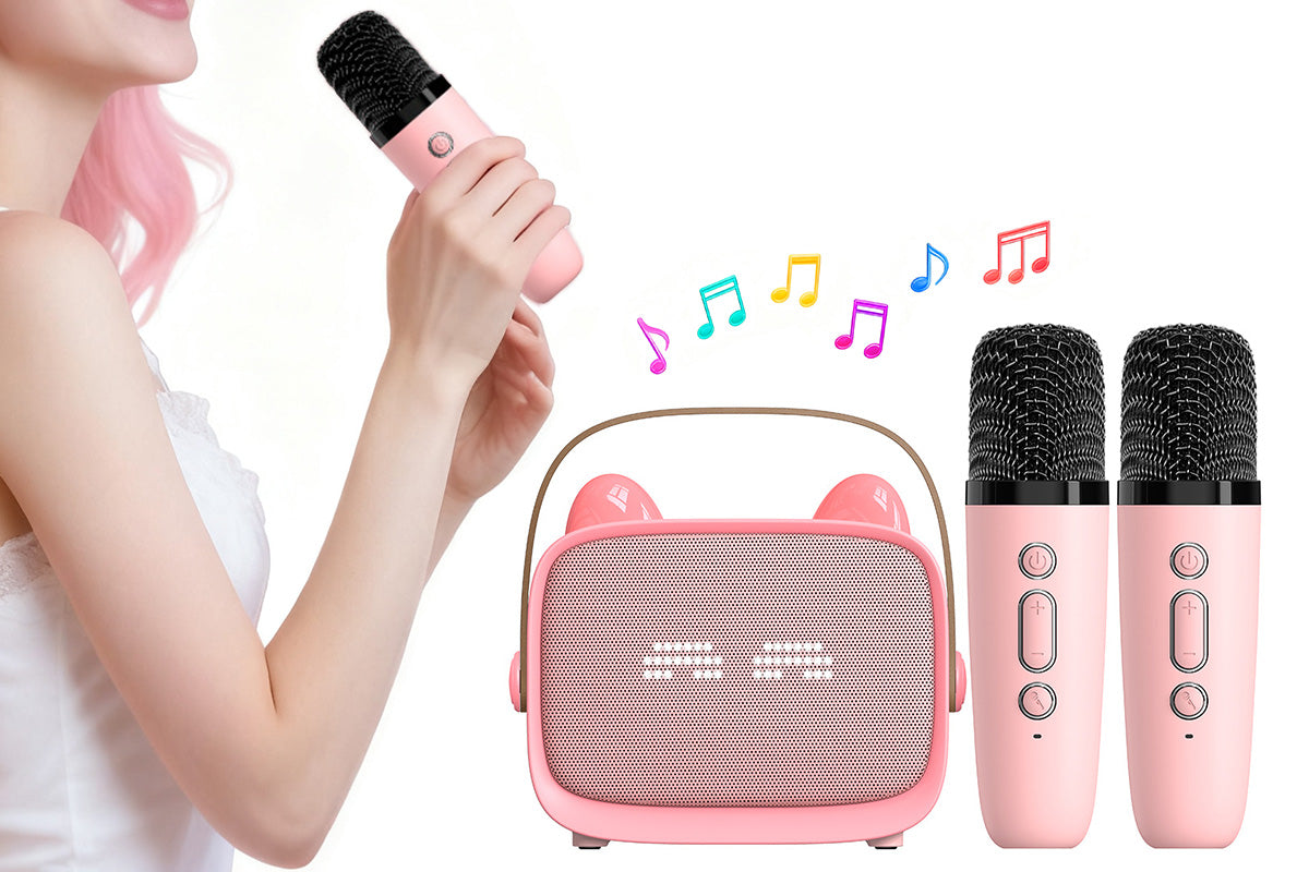 Karaoke Machine Toys Gifts Portable MP3 Player with 2 Wireless Microphone -Pink