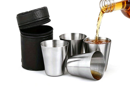 4 Pieces 30ml Stainless Steel Shot Cup Set with PU Carry Pouch
