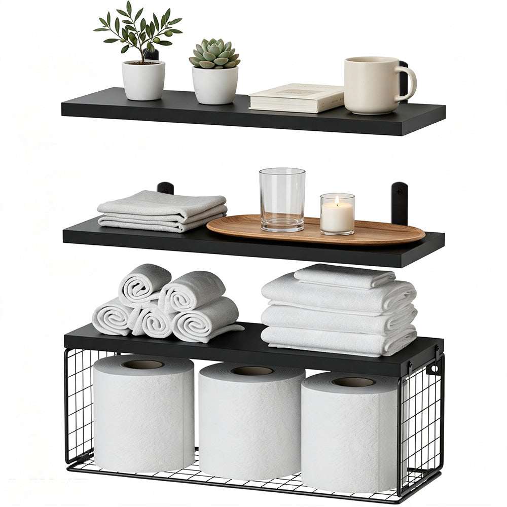 3 Piece Engineered Wood Wall Shelves with Storage Basket - Black