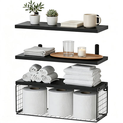 3 Piece Engineered Wood Wall Shelves with Storage Basket - Black