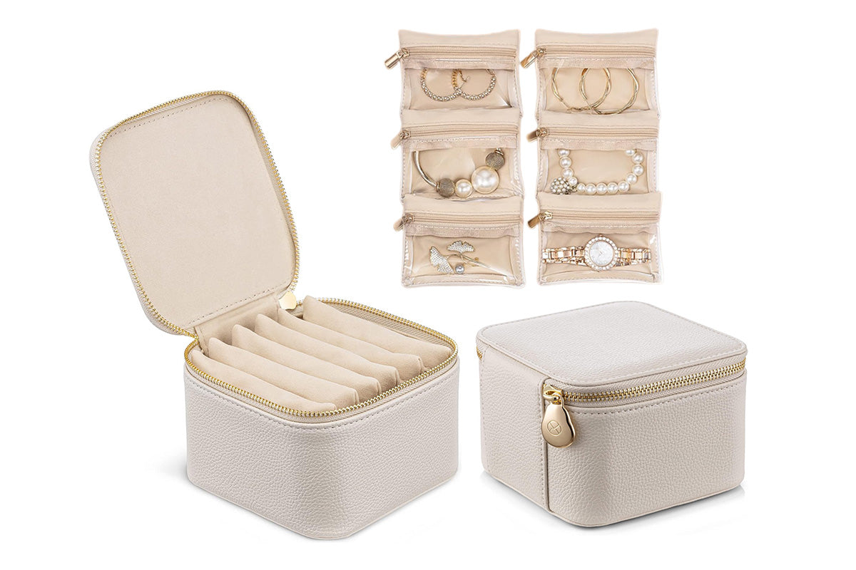 Travel Jewelry Case Small Jewelry Box with 6 Transparent Zipper Pockets-Beige