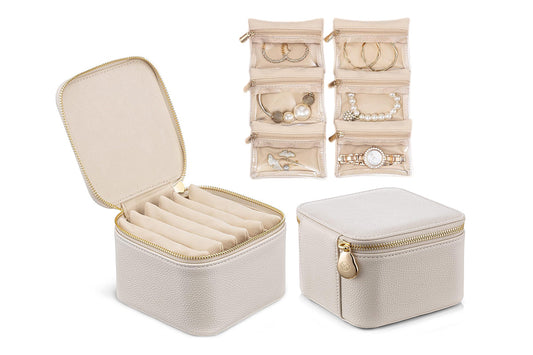 Travel Jewelry Case Small Jewelry Box with 6 Transparent Zipper Pockets-Beige