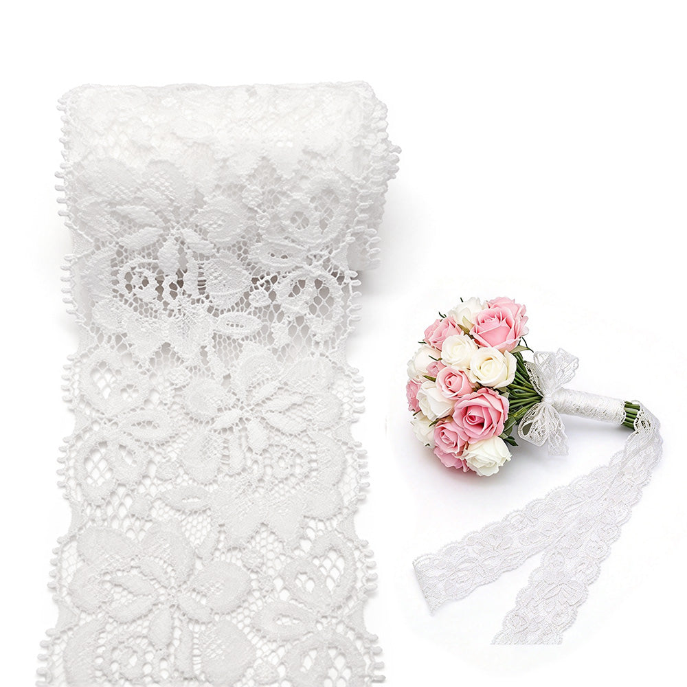 10 Yards Elastic Floral Lace Trim Stretch Ribbon for Sewing and DIY Crafts - White