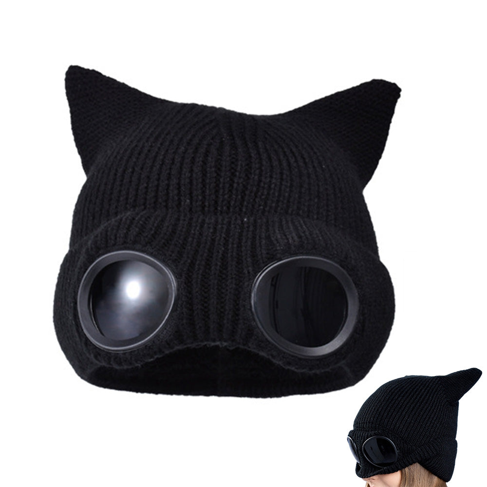 Double Layer Knit Winter Beanie with Goggles - Black