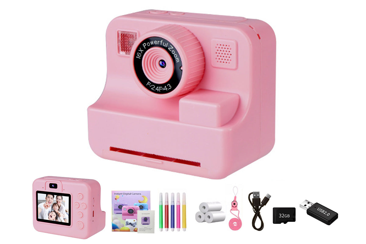 Instant Print Camera for  1080P Digital Inkless Camera with 32G TF Card-Pink