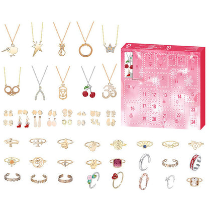 Christmas Jewelry Advent Calendar Set Earrings Rings Necklaces - Pink