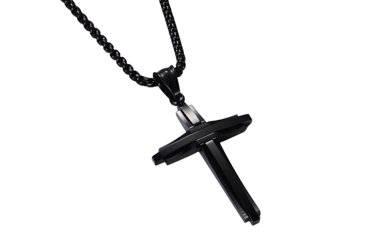 Crucifix Pendant Necklace Titanium Steel Unisex Chain -Black
