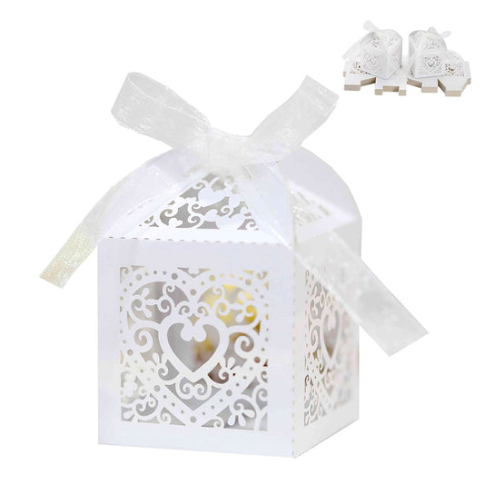 50 Pack Laser Cut Pearl Paper Candy Favor Boxes with Ribbons - White