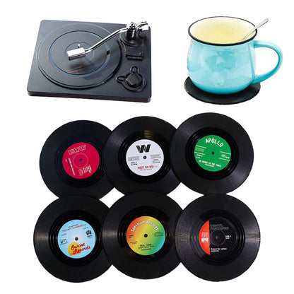 Retro Vinyl Record Coaster Set 6 Pcs with Record Player Stand Gift - White
