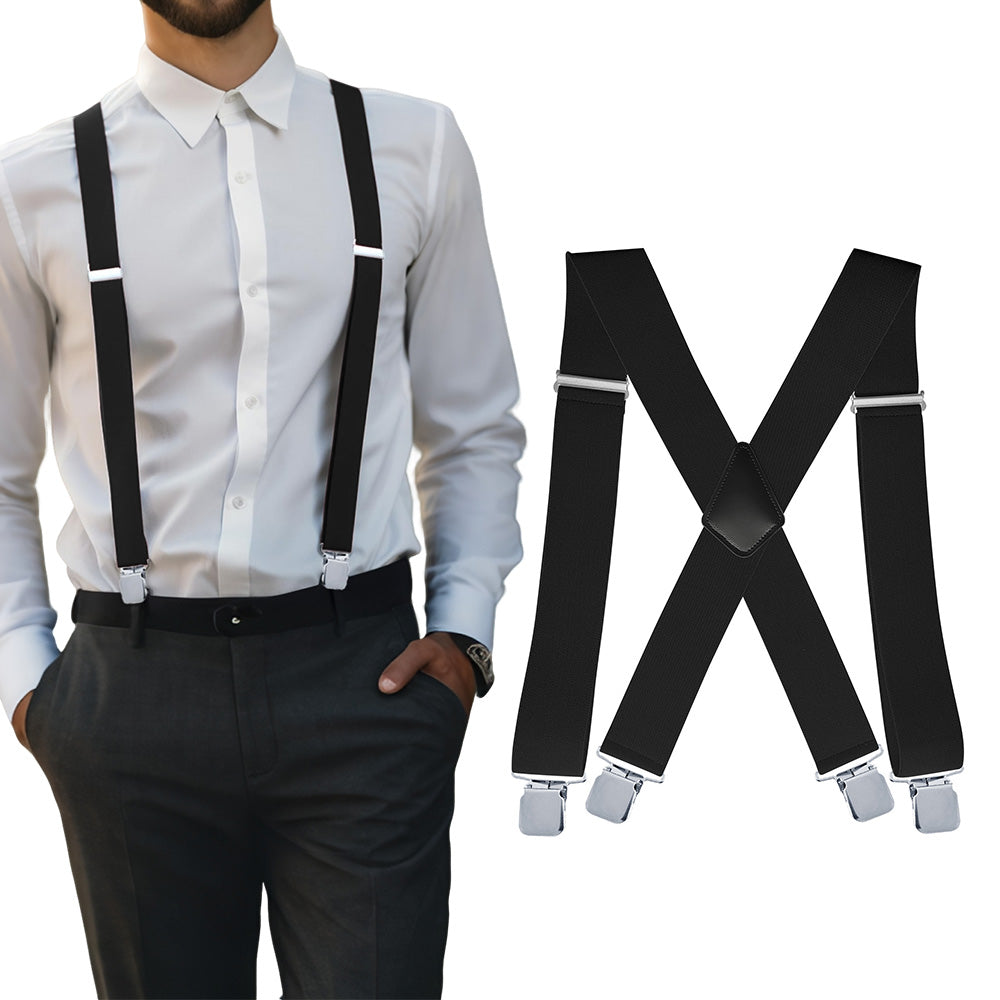 Mens X Back Elastic Suspenders with 4 Metal Clips - Black