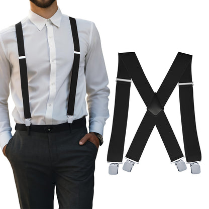 Mens X Back Elastic Suspenders with 4 Metal Clips - Black