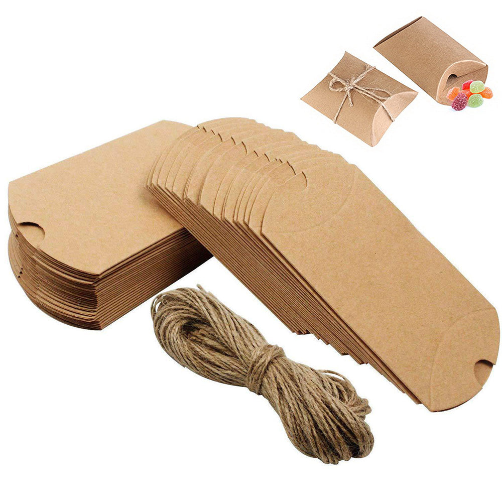 50 Piece Kraft Paper Pillow Gift Boxes with Ribbons - Brown