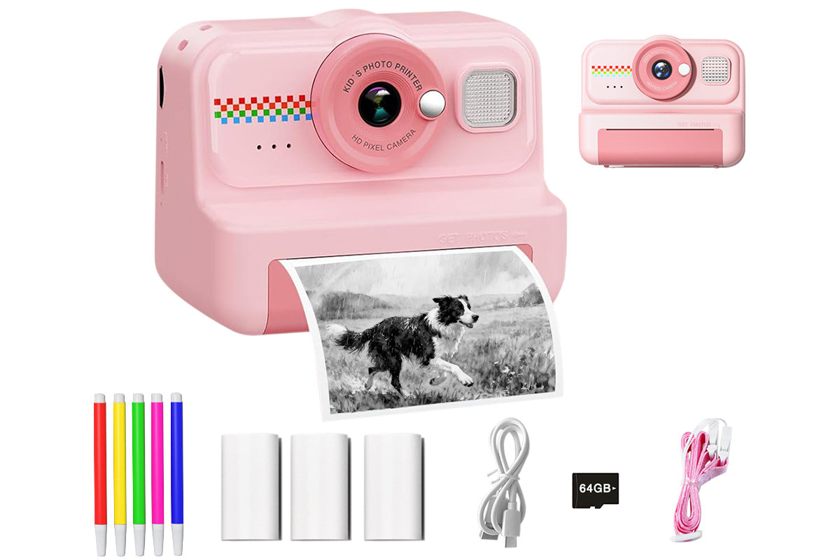 boy and girls Camera Instant Print 1080P Selfie Digital Camera with 64GB Card-Pink
