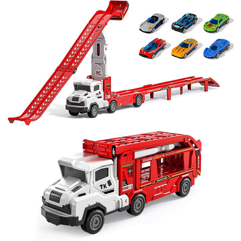 Large Dual Track Transporter Truck Toy Set with 6 Alloy Racing Cars - Red