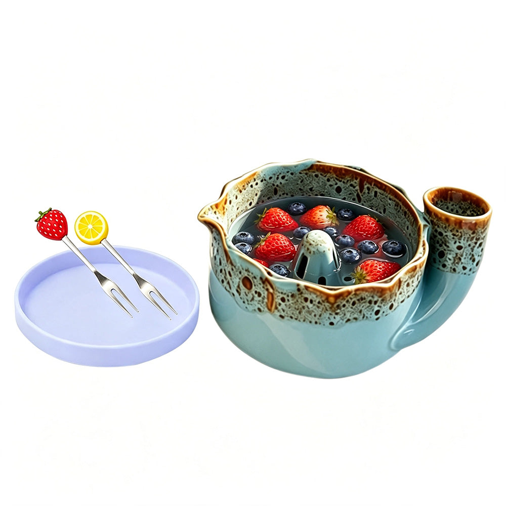 Self-Spinning Ceramic Berry Washing Bowl Set with  2 Fruit Forks - Blue