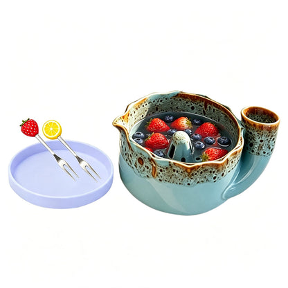 Self-Spinning Ceramic Berry Washing Bowl Set with  2 Fruit Forks - Blue