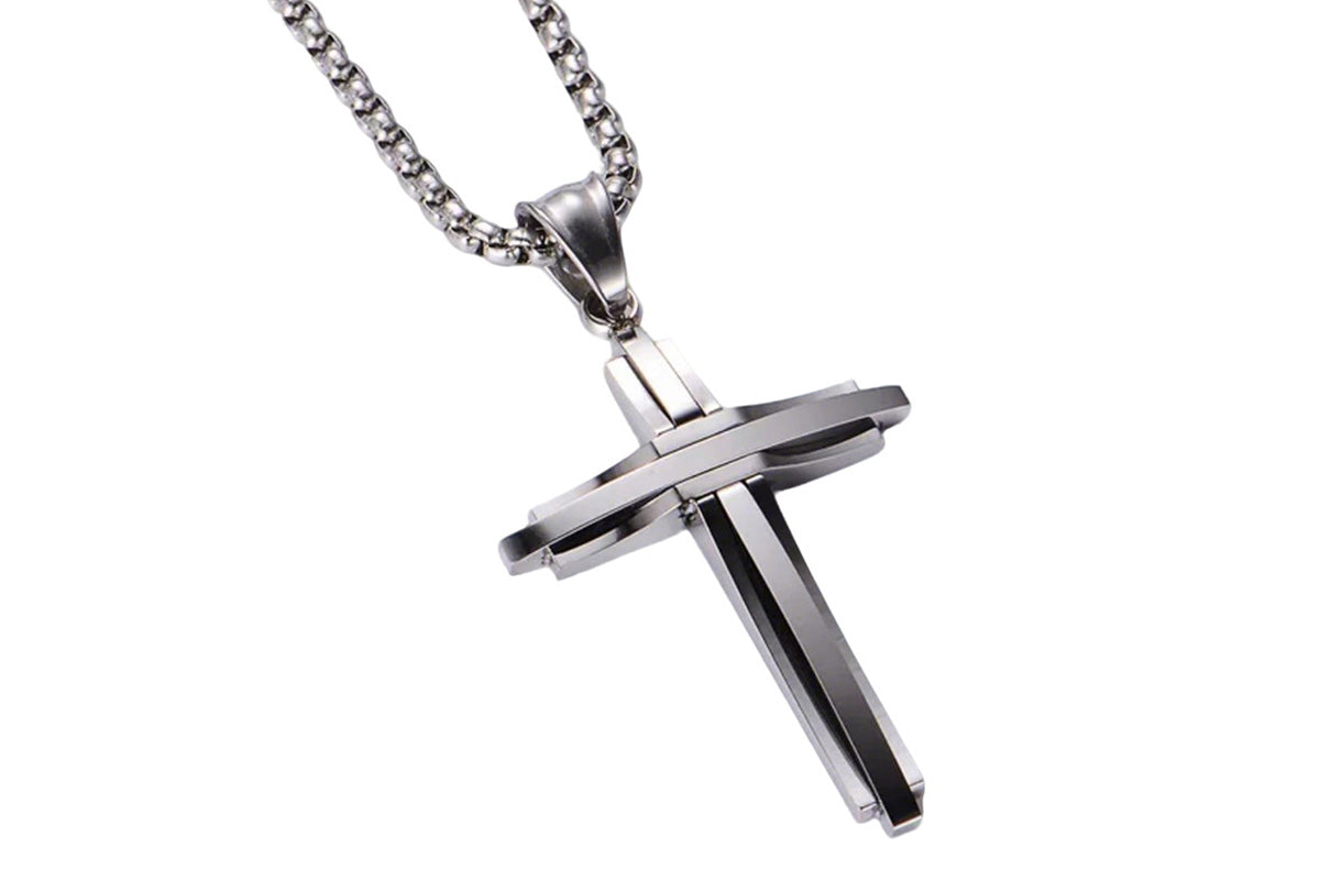 Crucifix Pendant Necklace Titanium Steel Unisex Chain -Silver