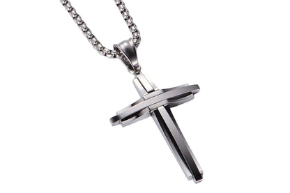 Crucifix Pendant Necklace Titanium Steel Unisex Chain -Silver