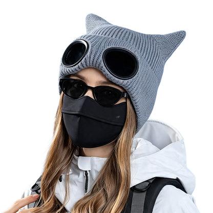 Double Layer Knit Winter Beanie with Goggles - Grey
