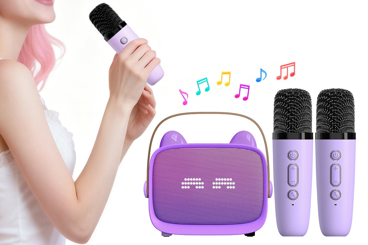 Karaoke Machine Toys Gifts Portable MP3 Player with 2 Wireless Microphone -Purple