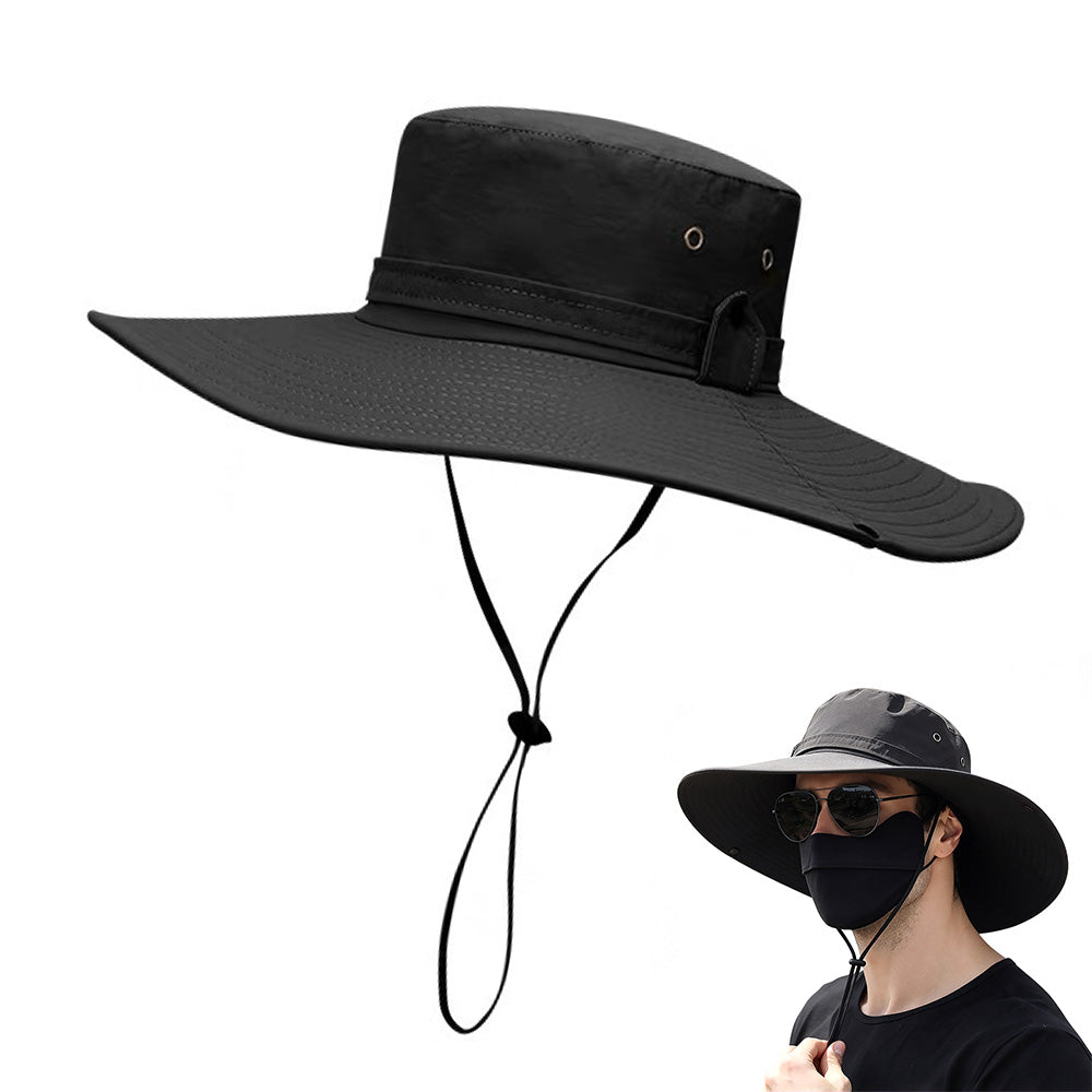 Foldable Wide Brim UV Sun Hat with Wind Strap for Fishing Hiking - Black