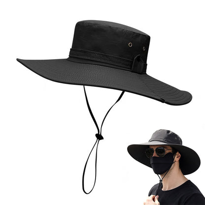 Foldable Wide Brim UV Sun Hat with Wind Strap for Fishing Hiking - Black