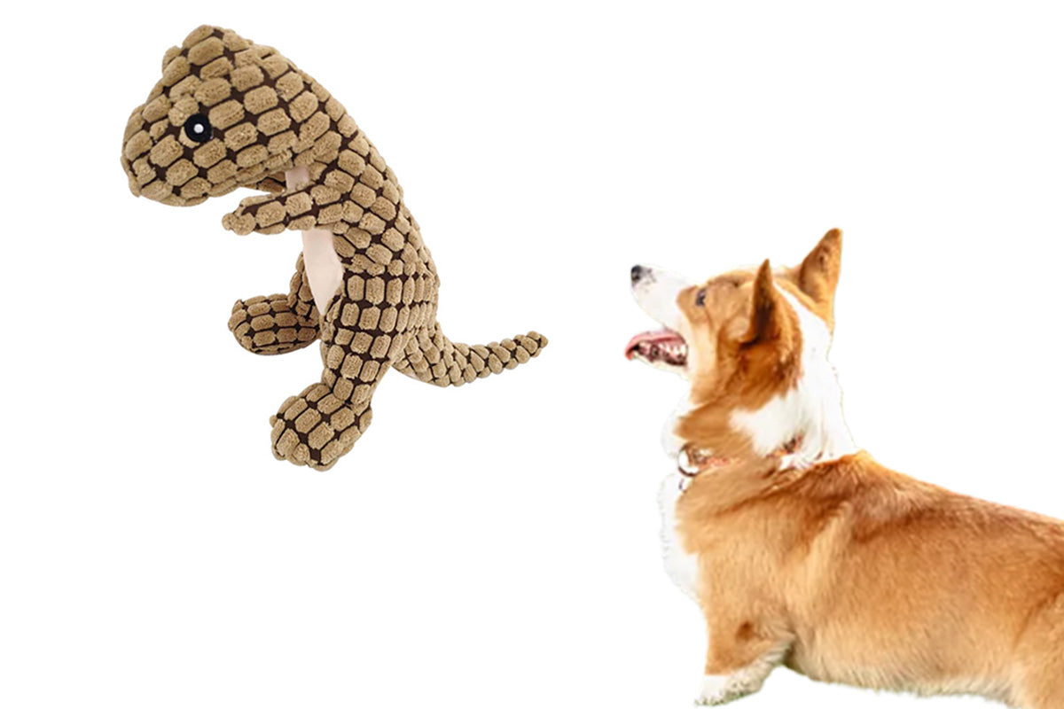 Indestructible Robust Dino-Plush Dog Toy Fluffy Dinosaur Pet Sound Chew Squeaky-Brown