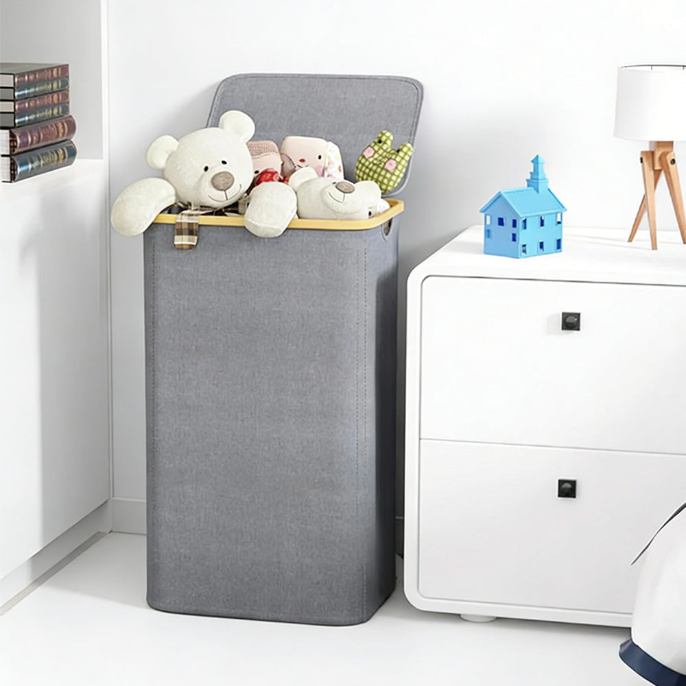 100L Laundry Basket with Lid Clothes Hampers for Laundry with Bamboo Handles Removable Bag-Grey