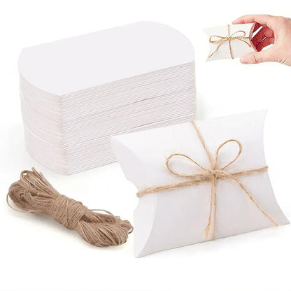 50 Piece Kraft Paper Pillow Gift Boxes with Ribbons - White