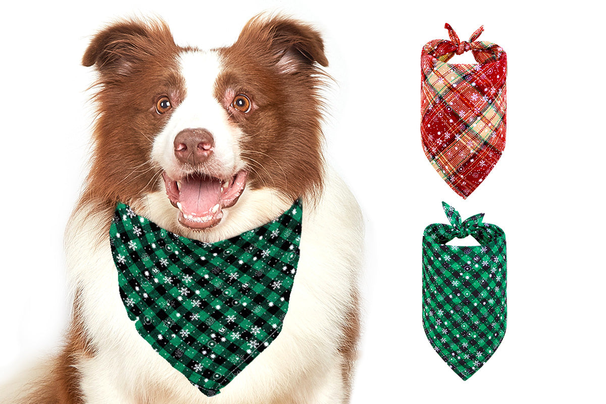 2Pcs Snowflakes Christmas Dog Bandana Buffalo Plaid Pet Scarf Dog Triangle Bandana-Wine red check snowflake and Green check snowflake