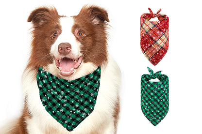 2Pcs Snowflakes Christmas Dog Bandana Buffalo Plaid Pet Scarf Dog Triangle Bandana-Wine red check snowflake and Green check snowflake