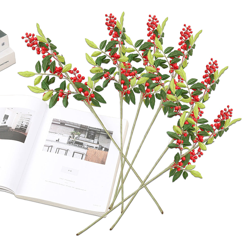 6Pcs 67cm Christmas Red Berry Holly Branch Pine Cone Artificial Flower Xmas Decor