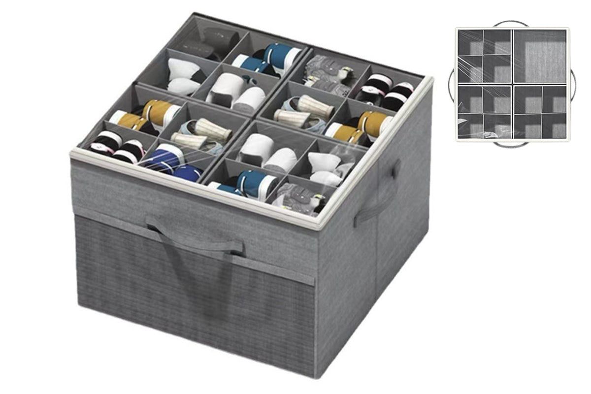 Shoe Organizer Foldable Shoe Storage Containers with Dividers and Lid -Grey
