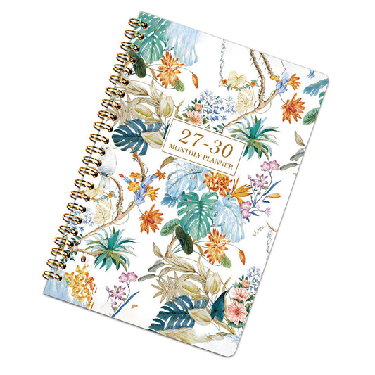 2027 to 2030 Four Year A5 Spiral Monthly Goal Planner Notebook - White Floral