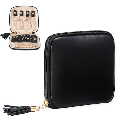 PU Leather Travel Jewelry Organizer Bag with Velvet Lining - Black
