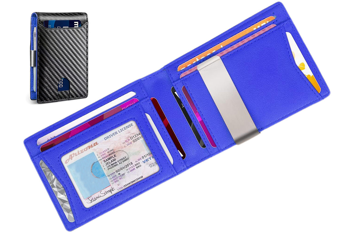 PU Leather Wallet RFID Blocking Front Pocket Bifold Card Holder-Blue