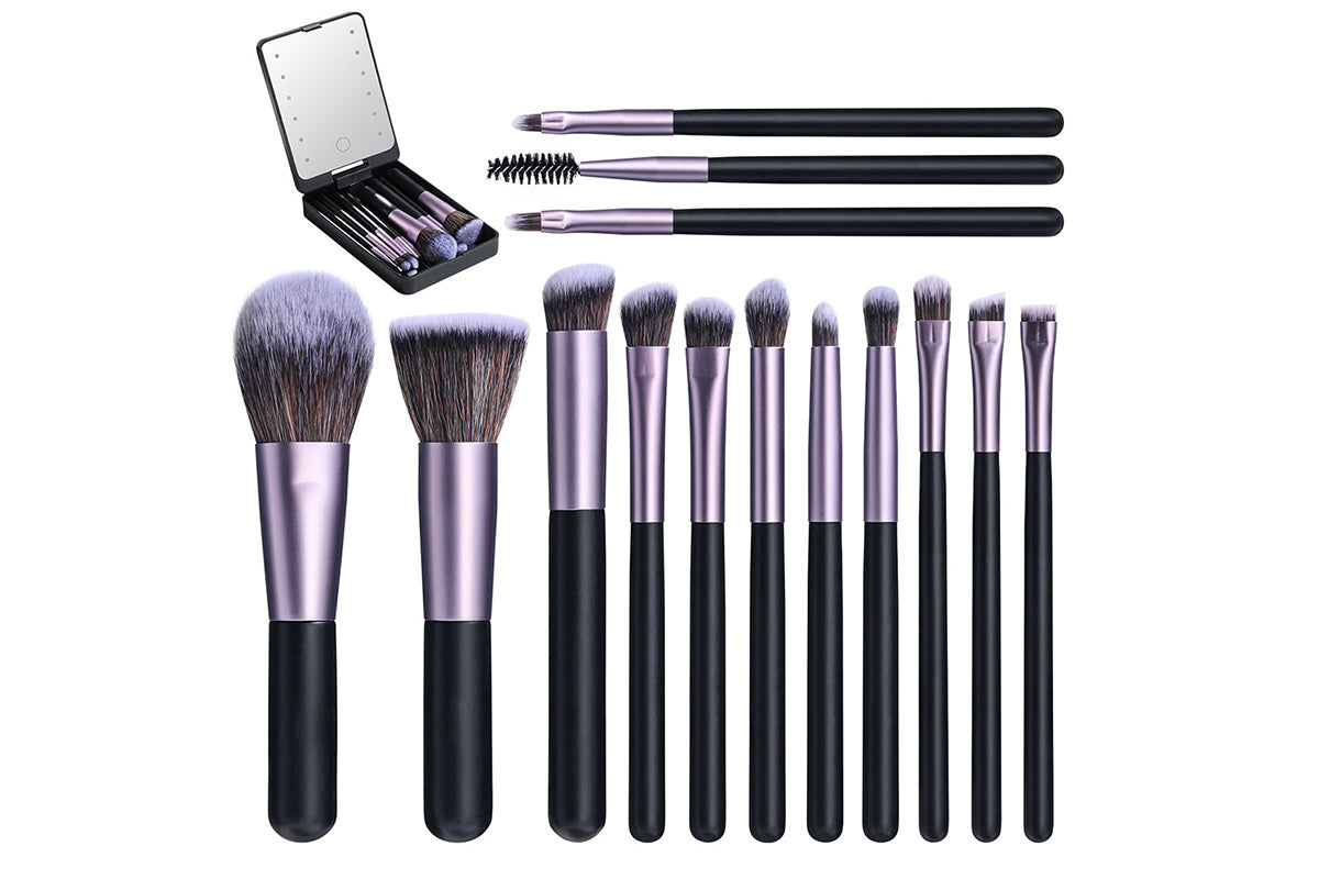 LED Light Makeup Mirror with Brush Set and Travel Case Portable Rechargeable Mirror Box-Black