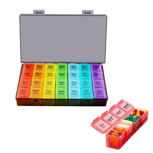 7-Day 28 Compartments Pill Box Medicine Organiser with Snap Lids for Vitamin Fish Oil Medicine Black and Rainbow
