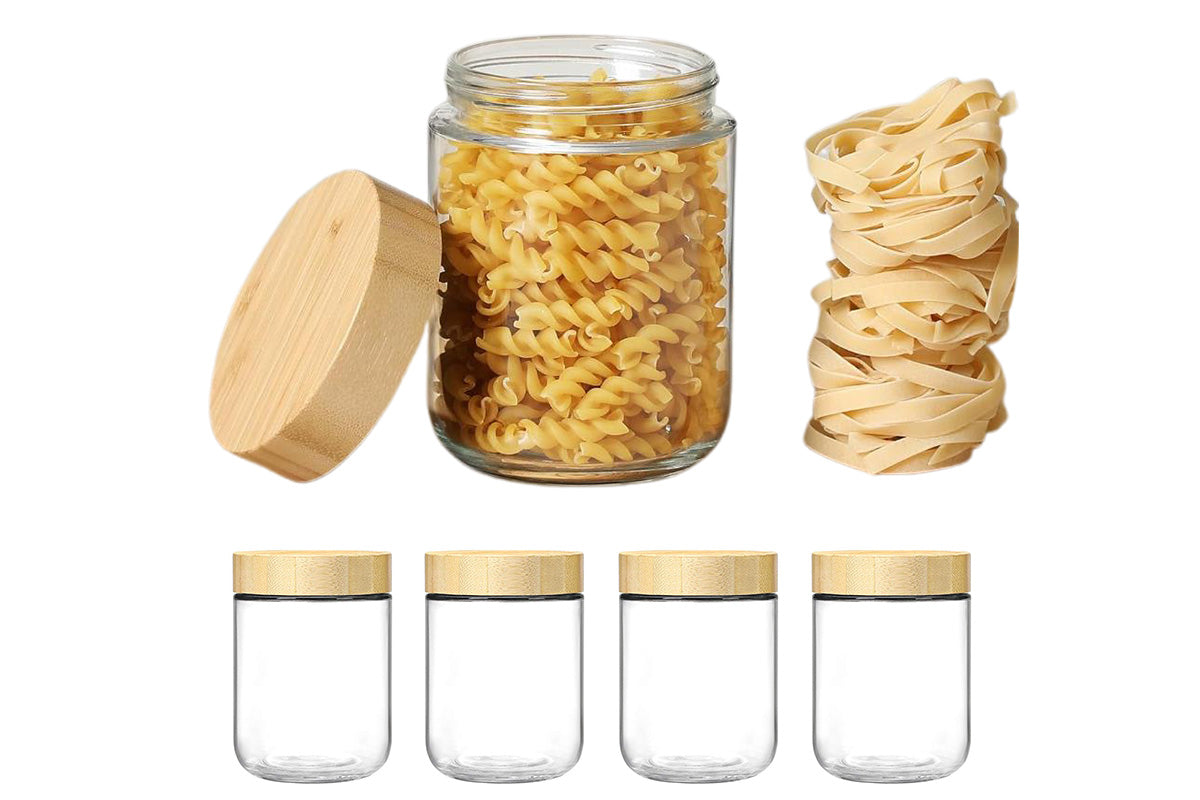 4Pcs Glass Jar with Bamboo Lid Airtight Canister Food Storage Sugar Container
