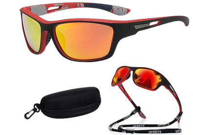 Men Sunglasses Polarized Glasses Fishing Wrap Around Eyewear with Strap and Zippered Case-Red