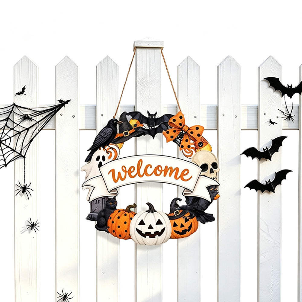 2 Pack Engineered Wood Halloween Ghost Pumpkin Hanging Door Signs - Welcome