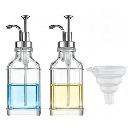 2 Pack 500ml Square Glass Syrup Soap Dispenser Bottles with Funnel - Silver